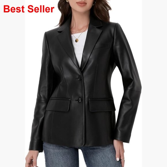 Lambskin Leather Blazer Jacket Notched Lapel Button Front Long Sleeve